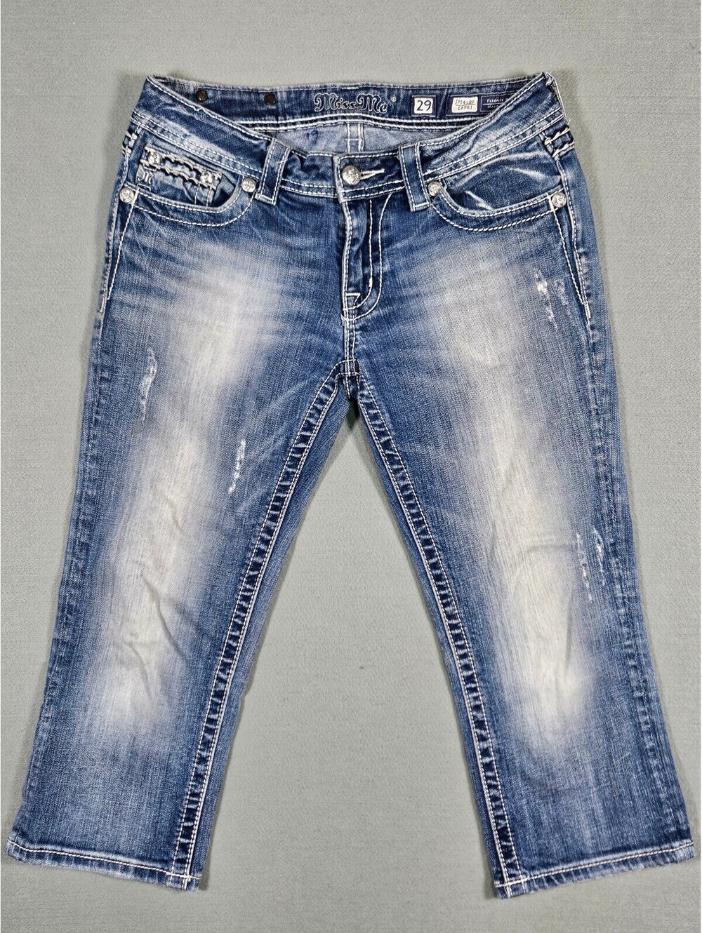 Miss Me Womens Medium Wash Embellished Denim Capri Jeans 29